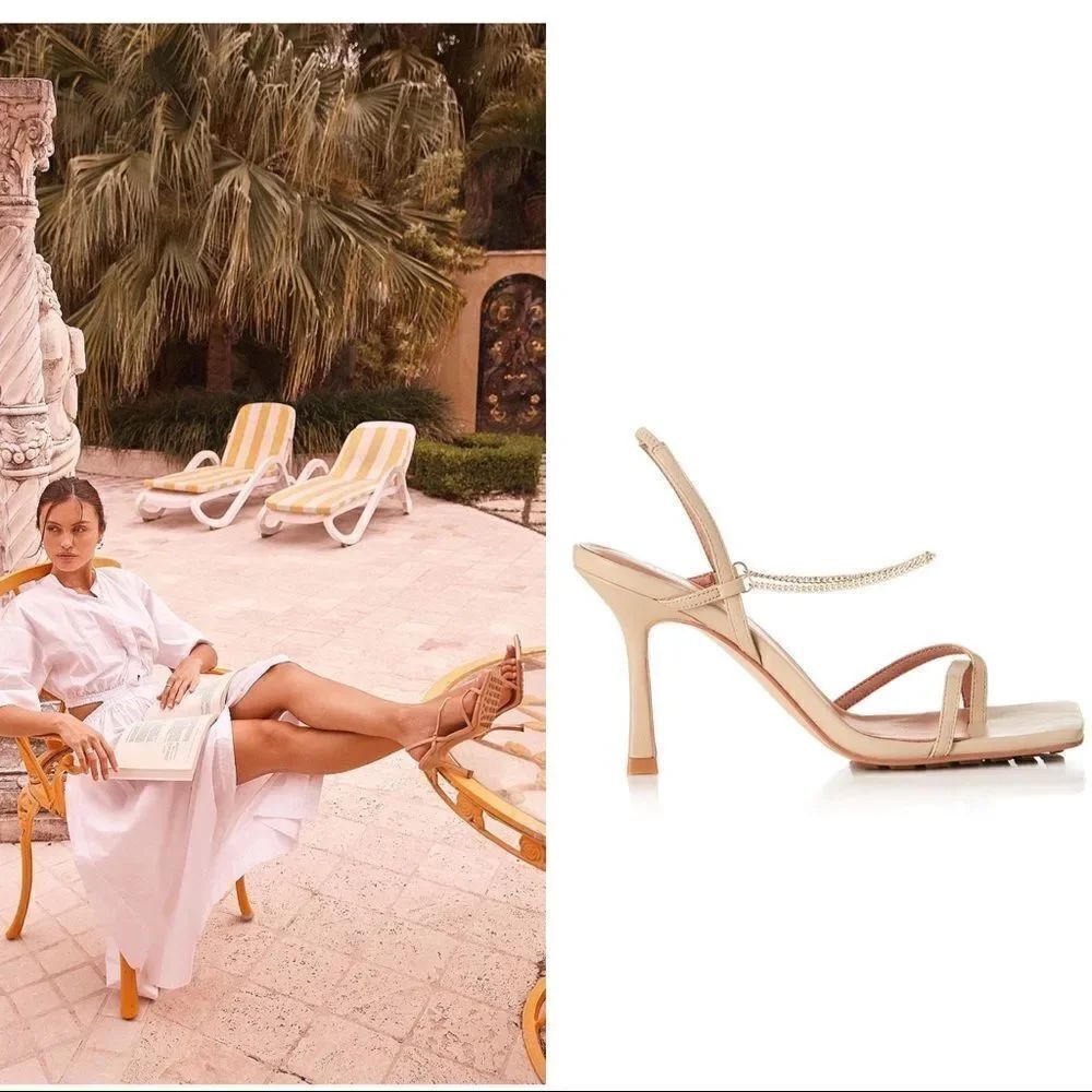 Revolve Alias Mae Leather Strappy Chain Levi Sandal Heels Beige Size 38 US8